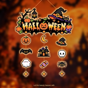 May include: A pixel art Halloween wall hanging featuring a top banner with the text HALLOWEEN, a witch hat, and a lantern. Three vertical strings display icons including a pumpkin, moon, bat, haunted house, skull, ghost, candy, and spider.