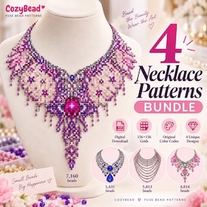 May include: A digital bundle of 4 necklace patterns by CozyBead featuring fuse bead designs. The main image shows a purple and pink beaded necklace on a display bust. Text includes 4 Necklace Patterns Bundle, 7,160 beads, 5,431 beads, 5,813 beads, and 4,814 beads.