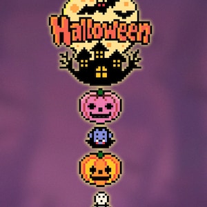 May include: A vertical pixel art graphic featuring the text Halloween in orange letters above a black haunted house silhouette and a yellow moon with a bat. Below are four stacked pixel icons: a pink jack-o'-lantern, a blue vampire, an orange jack-o'-lantern, and a white skeleton.