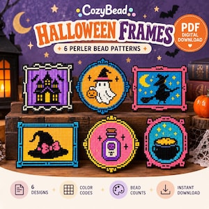 May include: Six Halloween-themed perler bead patterns featuring frames with a haunted house, a ghost with a pumpkin, a witch on a broom, a witch hat, a potion bottle, and a cauldron. The text reads CozyBead Halloween Frames 6 Perler Bead Patterns.