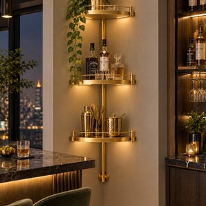 Puede incluir: Una estantería de esquina de tres niveles en metal dorado montada en la pared, con iluminación integrada en cada estante. Los estantes sostienen una planta colgante en maceta, varias botellas de licor de vidrio, una coctelera y una cubitera.