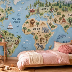 May include: A wall mural featuring a world map with illustrations of animals and landmarks across continents. The map includes labels for North America, South America, Europe, Africa, and Asia, set against a light blue ocean background.