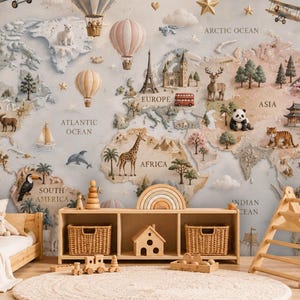 May include: A wall mural featuring a world map with illustrations of animals, landmarks, hot air balloons, and clouds. The map includes labels for continents and oceans. Below the mural is a wooden bed, a storage unit with baskets, and a climbing frame.