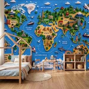 Lego World Map skalbar och självhäftande tapet, Äventyrsmålning, Avtagbar tapet för barnrum, Pedagogisk dekoration