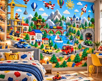 Lego City Peel and Stick Wallpaper, Kids Playroom Wall Mural, Fun Cityscape Removable Wallpaper