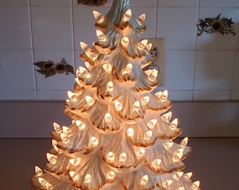 Ceramic Christmas tree in metallic pearl white and gold accents