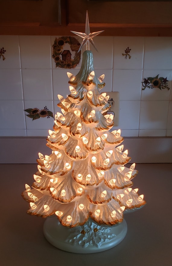 Ceramic Christmas Tree in Metallic Pearl White and Gold Accents Etsy