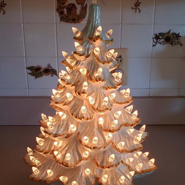 Ceramic Christmas tree in metallic pearl white and gold accents