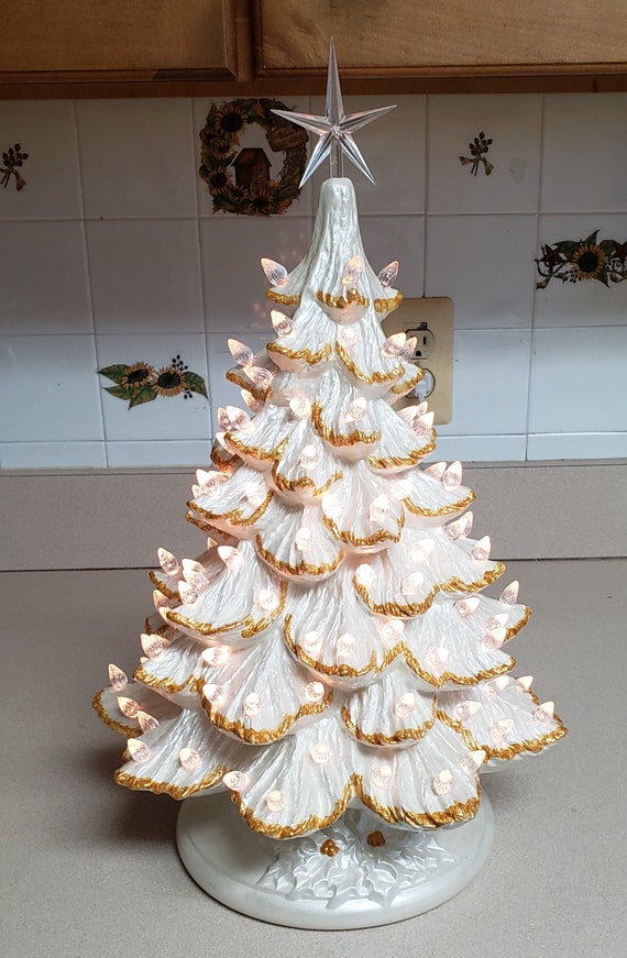 Ceramic Christmas Tree in Metallic Pearl White and Gold Accents