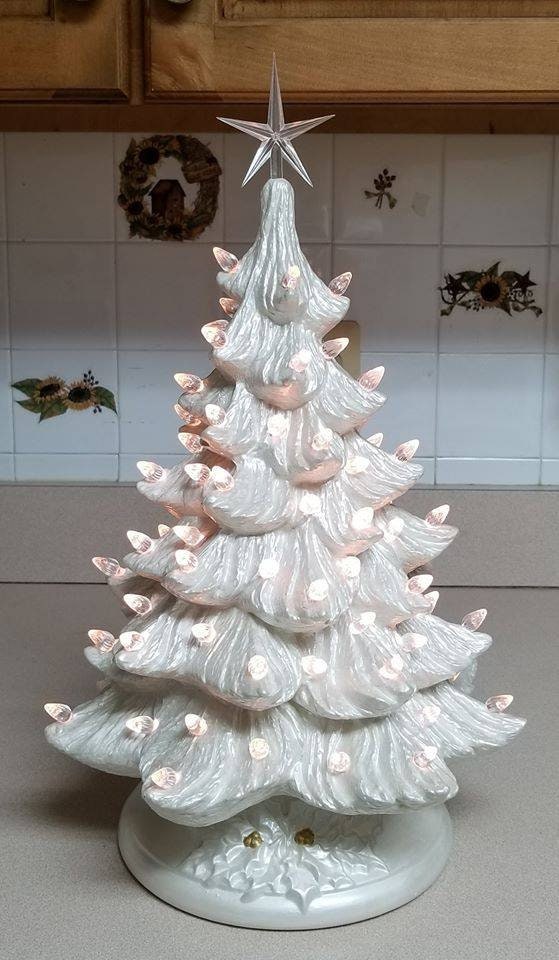 White Ceramic Christmas Tree & Base 17 Tall Vintage
