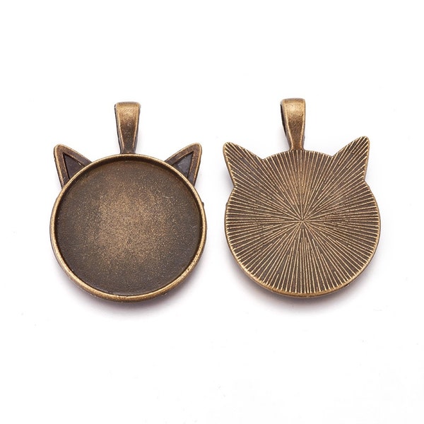 5 pendentifs support à cabochon Forme Chat ! pour cabochon 25 mm en métal couleur bronze