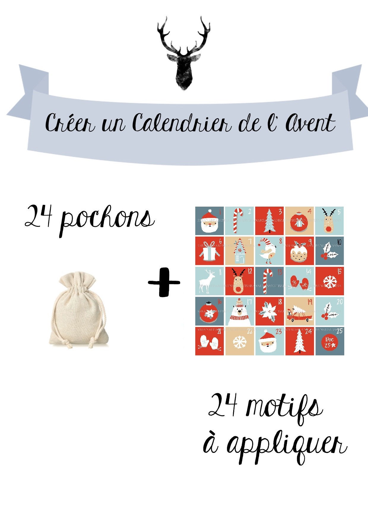 Kit Calendrier de L'avent Diy 24 Pochons en Coton & Motifs à Appliquer Noel, Perpétuel, Bohème, Bleu