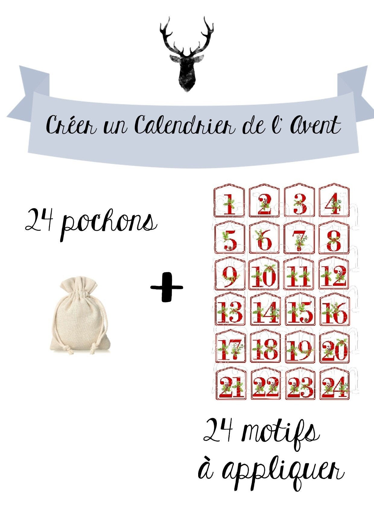 Kit Calendrier de L'avent Diy 24 Pochons en Coton & Motifs à Appliquer Noel, Perpétuel, Bohème, Bleu