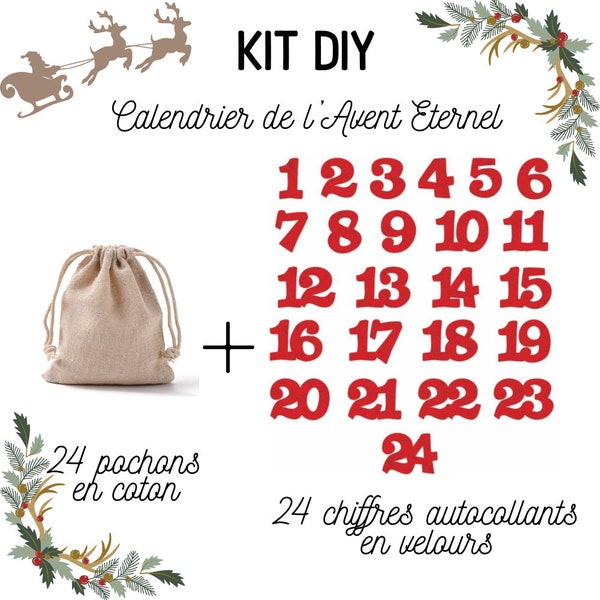 Kit Calendrier de l'Avent DIY : 24 pochons en coton & Motifs à appliquer ! Noel, perpétuel, bohème, rouge, étoiles, compte à rebours,