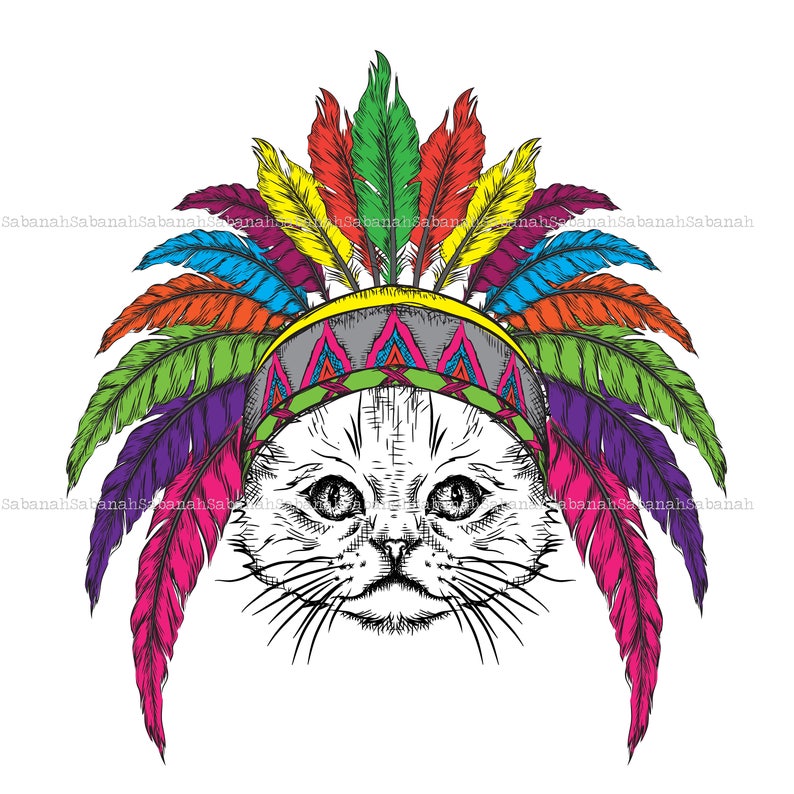 Cat & Indian Headdress Printed on Fusible Iron on Light Etsy