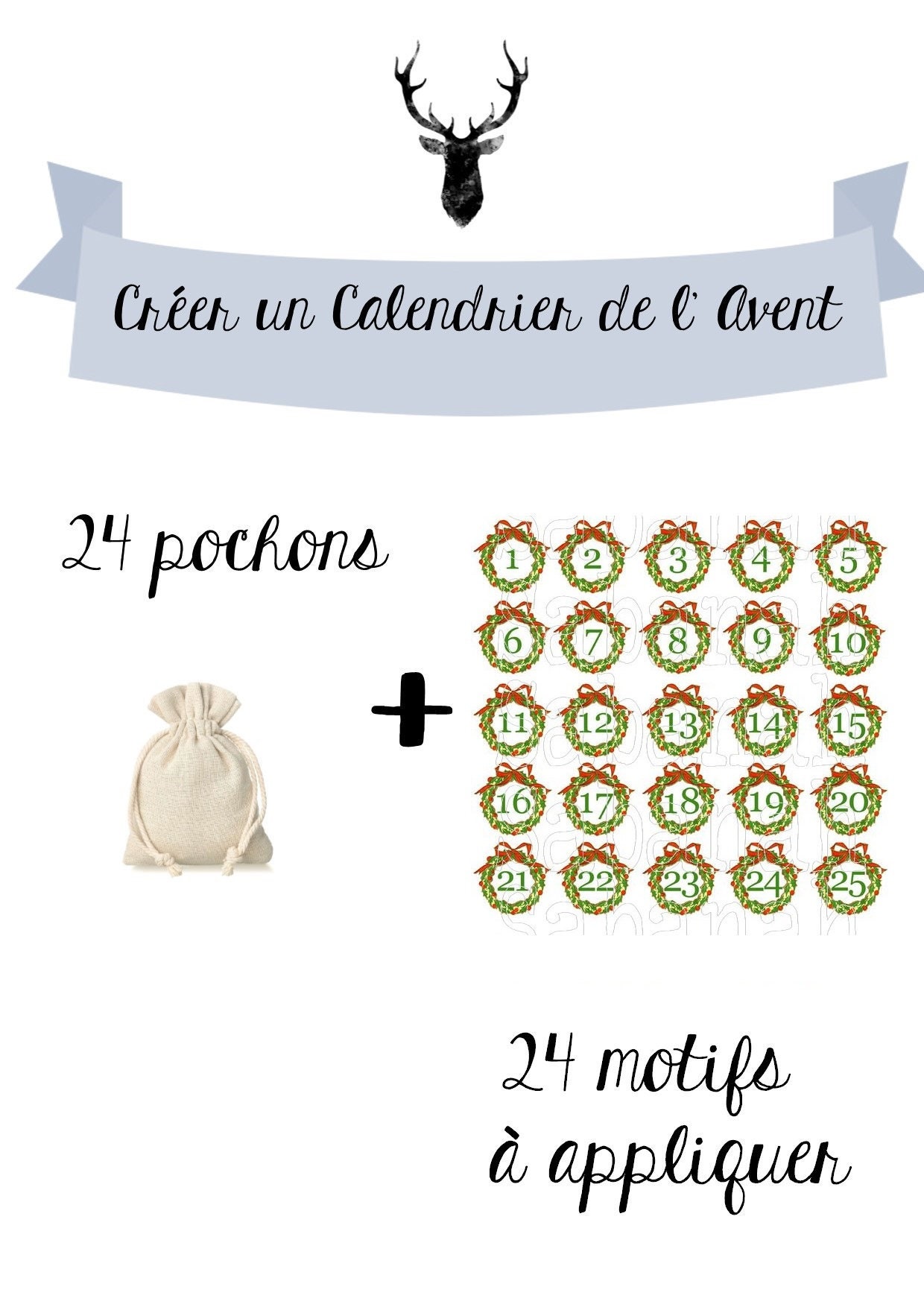 Kit Calendrier de L'avent Diy 24 Pochons en Coton & Motifs à Appliquer Noel, Perpétuel, Bohème, Bleu