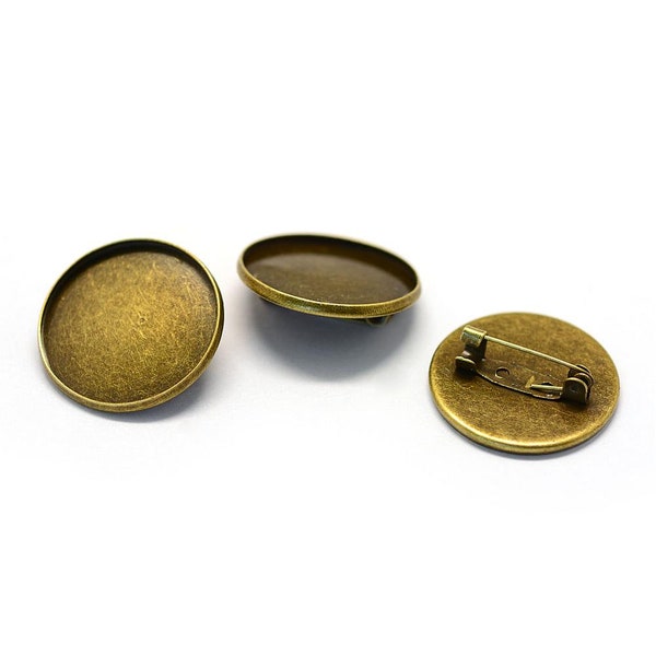 Brooch with cabochon support 25 mm in bronze-colored metal, ideal for diy, cabochons, ...