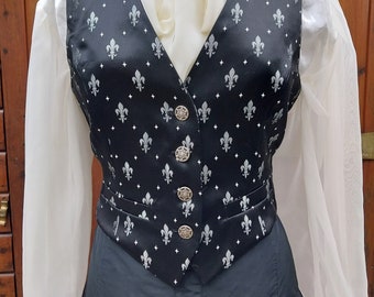 Fleur de Lys brocade fitted women's waistcoat steampunk Victorian wedding pockets chest 34 Obsidian Gentlemen Jack black silver Halloween