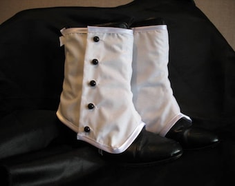 White poly cotton button-up Spats Granny Boot Covers Goth Steampunk Victorian Burlesque Cirque  Halloween Edwardian Majorette Cheer leader