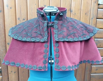 Burgundy Velvet & Black Lace Capelet: Victorian Gothic Steampunk Bridal Cape