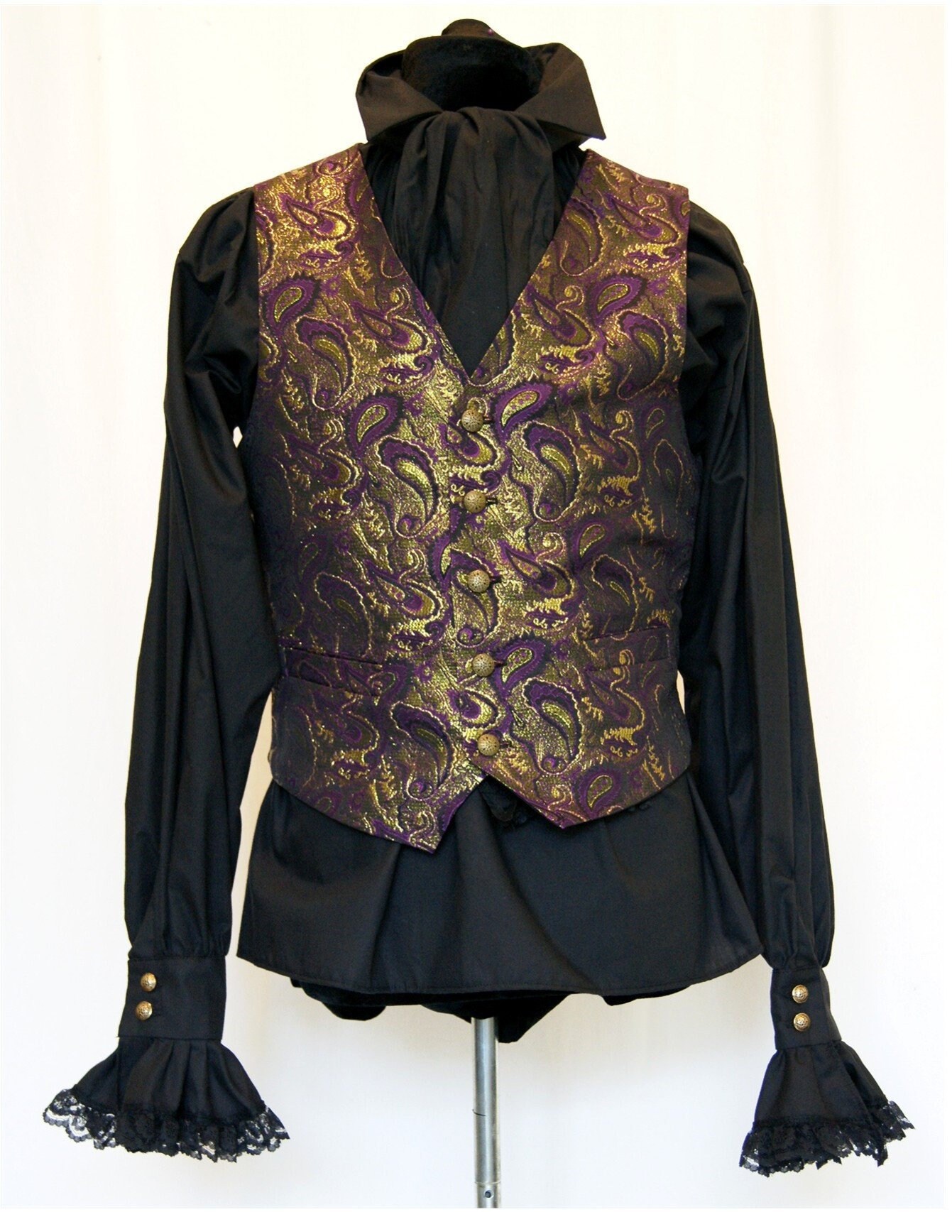 Image of Purple & Gold Paisley Brocade Waistcoat Goth Steampunk Victorian Edwardian Chap Groom Wedding Obsidian New
