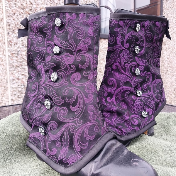 Purple & black brocade Spats, Granny Boot Covers, Goth, Victorian Steampunk,  Burlesque, Cirque, Edwardian, Gothic wedding history bounding