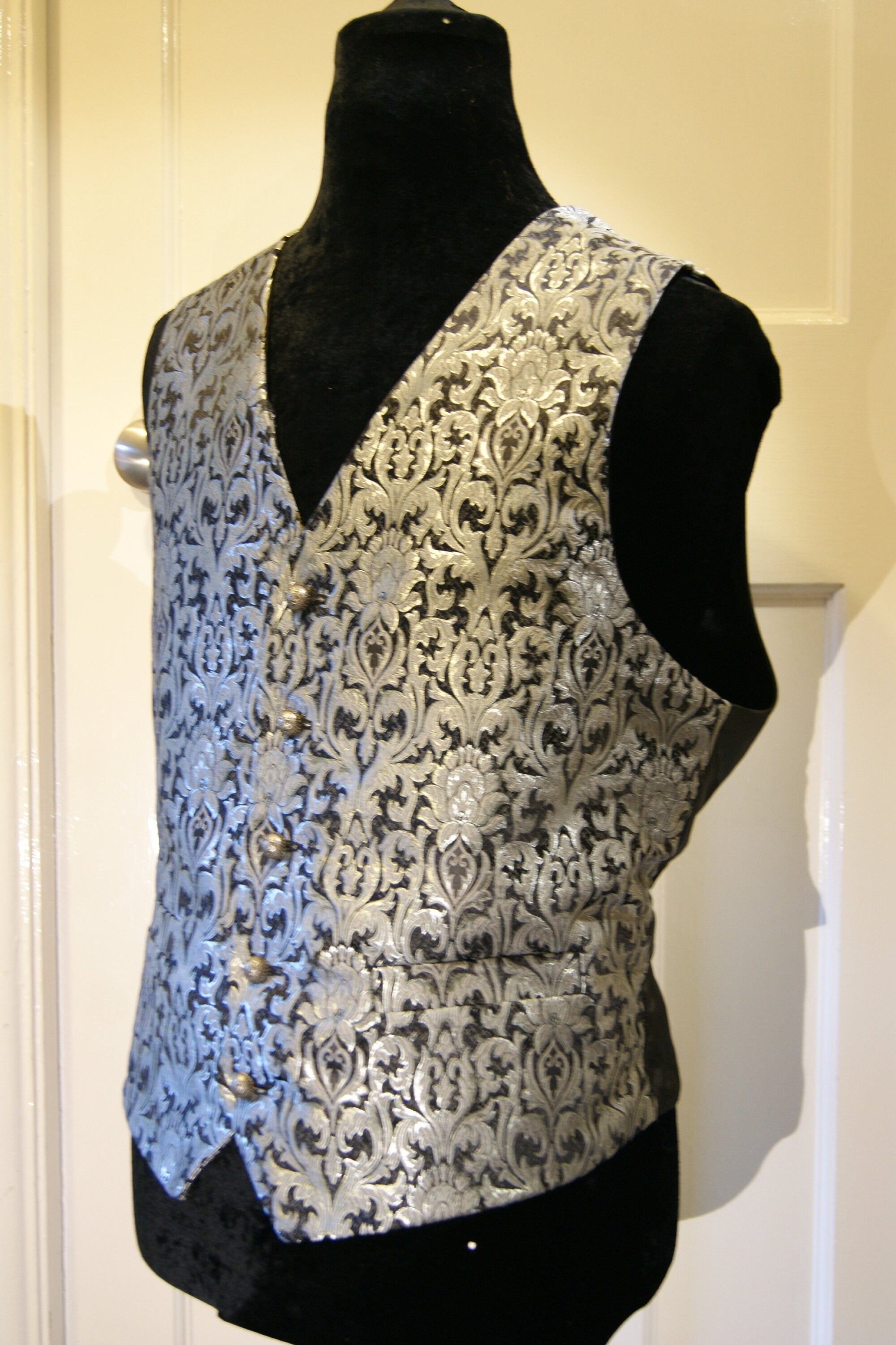 Image of Silver & Black Regal Brocade Waistcoat Goth Steampunk Victorian Edwardian Chap Groom Wedding Obsidian New