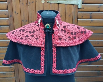Obsidian Gothic Velvet Capelet: Burgundy Lace Trim, Victorian Steampunk