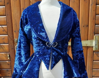 Blue Panne Velvet Peplum Jacket: Steampunk Bridal Goth UK Size 12