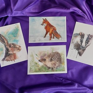 Cartes d'art de la faune britannique, aquarelle, blaireau, renard hérisson, lièvre, voeux d'anniversaire, carte de remerciement, art mural, artiste britannique, amoureux des animaux