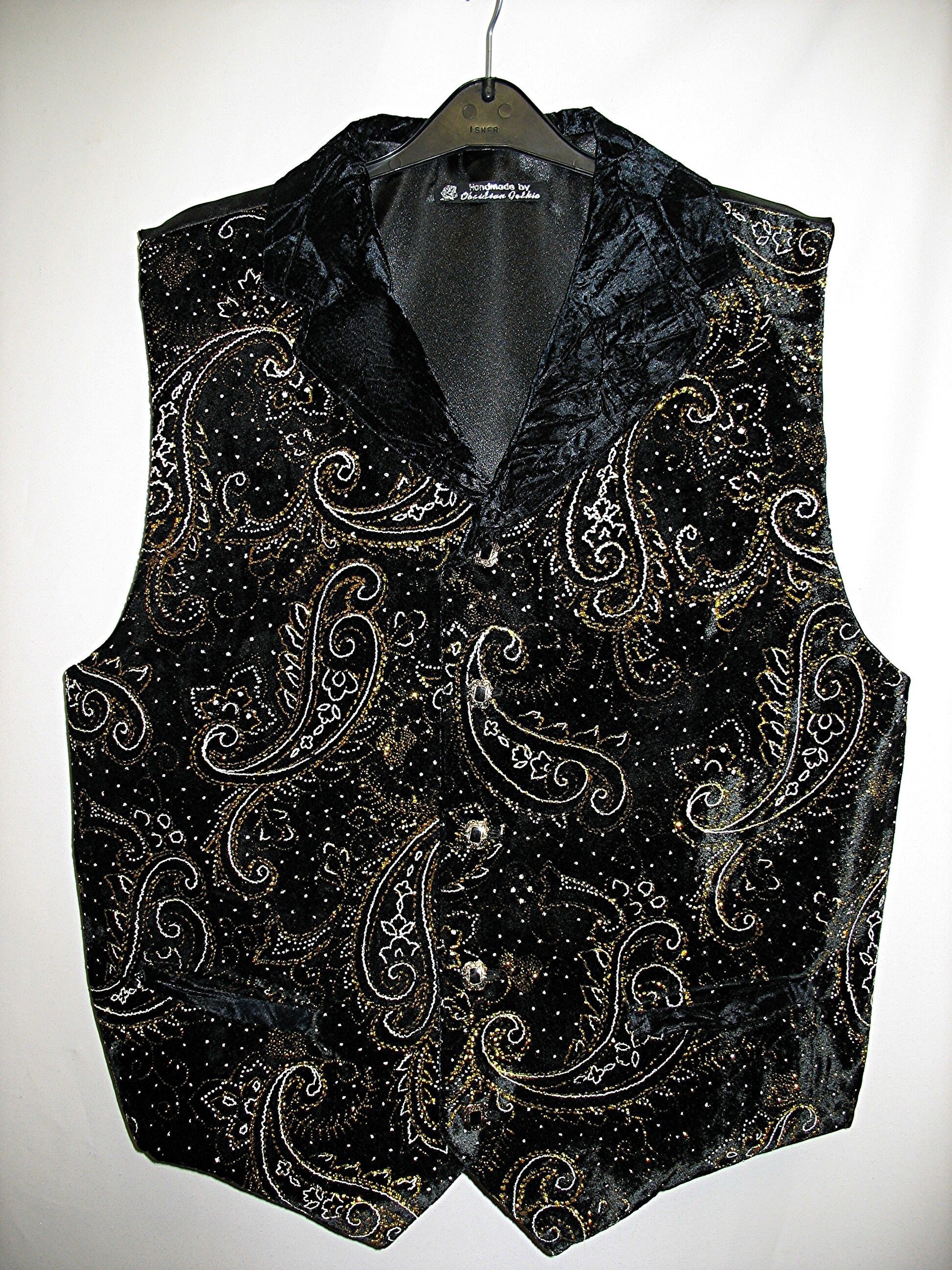 Image of Black Panne Velvet Collared Waistcoat Paisley Pattern Gold Glitter Steampunk Goth Vampire Evening Watch Pockets Obsidian Gothic Clothing