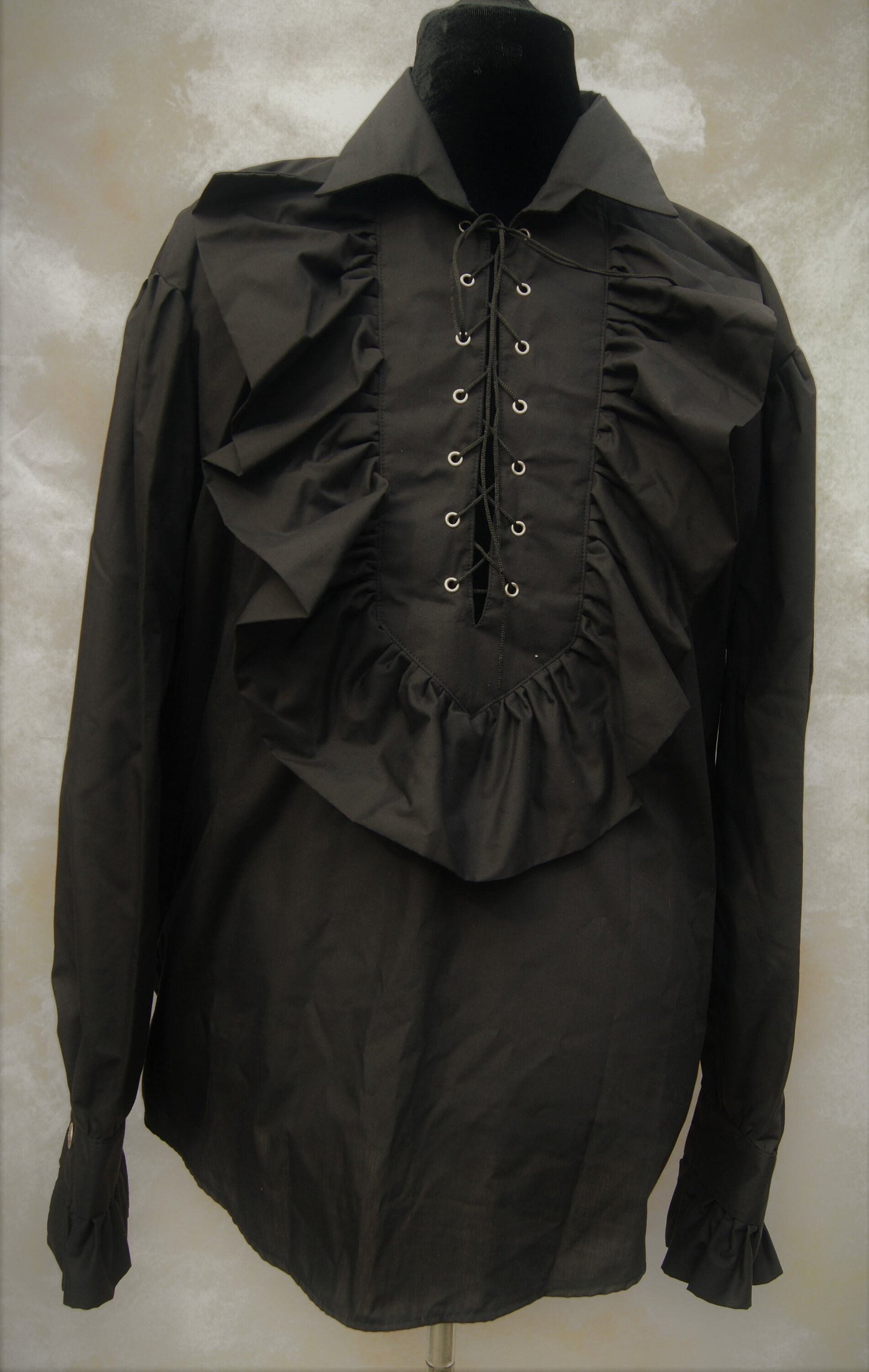Image of Black Frill Pirate Shirt Goth Vampire Rock Obsidian Size Medium Eyelet & Cord Fastening