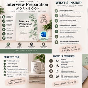 Puede incluir: Un cuaderno de preparación para entrevistas en tamaño carta de EE. UU., con una portada blanca con ilustraciones de hojas verdes y texto en negro. El cuaderno incluye secciones para investigación de empresas, método STAR y listas de verificación.