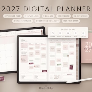 Digital planerare 2027, hyperlänkad iPad, GoodNotes, landskapsveckovis, 5 färger, 284 klistermärken (digital nedladdning)