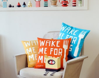 Oreiller, Housse de coussin, Wake Me For Meals, Rouge, Jaune, Bleu