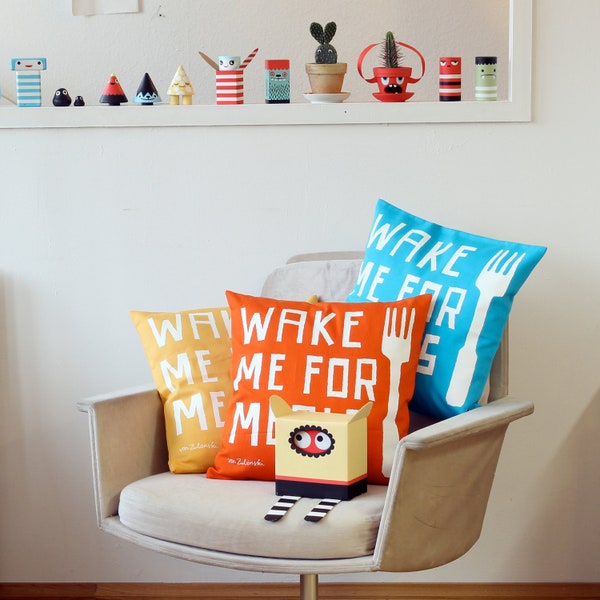 Pillow, Pillowcase, Wake Me For Meals, red, yellow, blue