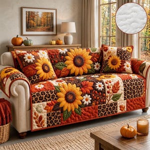 May include: A quilted sofa cover featuring a patchwork design of large yellow sunflowers, white daisies, autumn leaves, and leopard print patterns in shades of orange, brown, and cream. The fabric has a textured, stitched finish throughout.