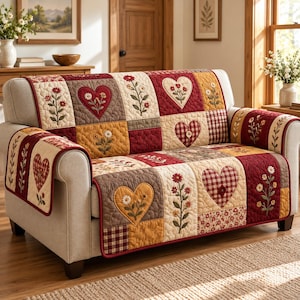 May include: A quilted sofa cover featuring a patchwork design of cream, deep red, and mustard yellow squares. The pattern includes embroidered floral stems and heart shapes with gingham or solid fabric fills, covering the seat and armrests.