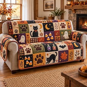 Halloween Black Cat Sofa Cover, Quilted Pet Paw Couch Protector, Fall Autumn Patchwork Furniture Decor