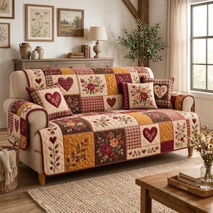 May include: A beige sofa covered with a quilted throw featuring a patchwork design of red, brown, and gold squares. The pattern includes floral motifs, red hearts, and plaid textures. Two matching square throw pillows are placed on the sofa seat.