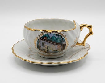 Taza y platillo de porcelana francesa antigua, decoración de paisaje para el hogar, dorados con oro fino.