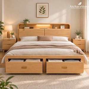 Cama de madera maciza con cajones y espacio de almacenamiento, cama moderna tipo plataforma, cama tamaño Queen/King, estructura de cama de madera personalizable, muebles de dormitorio.