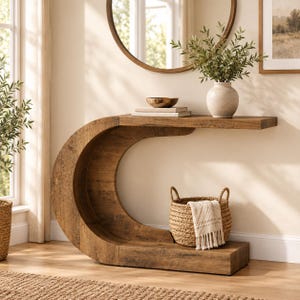 Stolik konsolowy w kształcie litery C, drewniany stolik do przedpokoju, stolik pomocniczy w stylu mid-century modern, rustykalne meble do przedpokoju, wystrój salonu