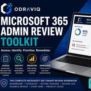 Puede incluir: Una pantalla de portátil que muestra el Microsoft 365 Admin Review Toolkit con un panel de control, gráficos de resumen RAG, una taza azul oscuro con el logotipo de Odraviq y texto detallando el contenido del libro de trabajo.