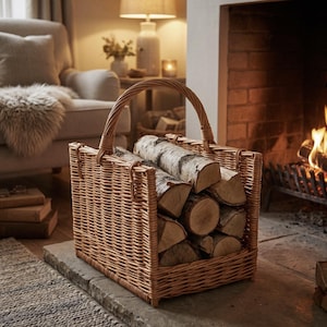 May include: A rectangular woven wicker log basket with a high arched handle, filled with several pieces of natural birch firewood. The basket features a sturdy, light brown woven construction with a flat base and vertical side panels.