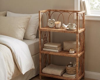May include: A three-tier rattan shelving unit with arched side detailing. The top shelf holds a round analogue alarm clock, a candle in a glass jar, and a ceramic mug. The middle shelf contains stacked books and a small basket. The bottom shelf holds a folded textile and a woven basket.