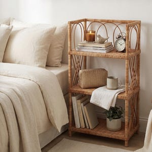 May include: A three-tier light brown rattan shelving unit with arched side supports. The top shelf holds a candle, a bird figurine, and a clock. The middle shelf contains a woven pouch and a mug. The bottom shelf holds books and a potted plant.