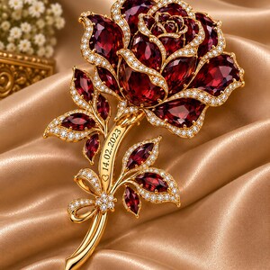 Custom Ruby Rose Brooch, 925 Sterling Silver Gold Plated, Lab Created Ruby Pin, Personalized Gift