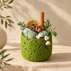 May include: A cylindrical green textured container filled with decorative elements including light green translucent stones, a dried orange slice, a brown cinnamon stick, small brown seed pods, green pine sprigs, and white berries.