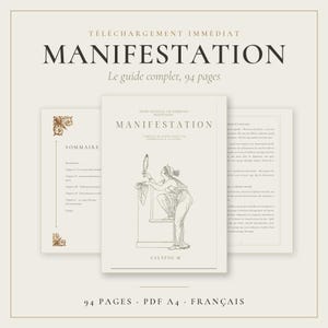 Peut inclure: Un guide numérique de 94 pages intitulé MANIFESTATION, présentant une couverture avec un dessin au trait d'une personne regardant dans un miroir. Le document inclut un sommaire et des pages de texte en français, avec une mise en page épurée.